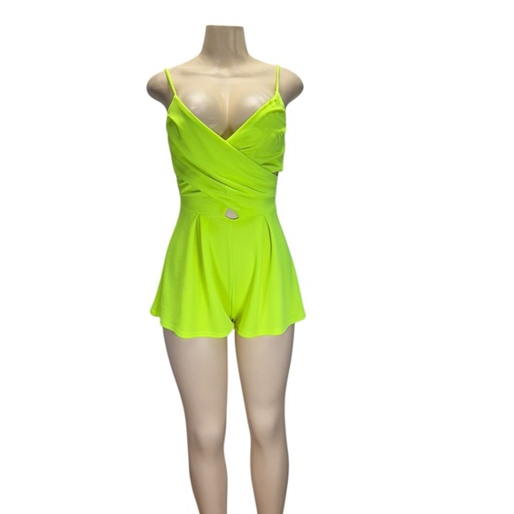 GLARE.  Lime Green Plunging V-Neck Jumpsuit with Ruched Waist - Picture 1 of 4